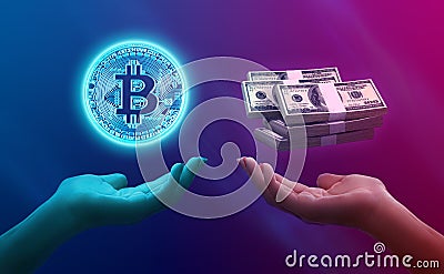 Virtual bitcoin and dollar bills with female hand Stock Photo