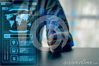 Virtual Business Intelligence Analyst Big data Graphs Charts.Automation RPA innovative technology concept business process on virt Stock Photo