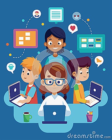 In the virtual classroom students don their digital avatars and use their coding skills to navigate through an immersive Vector Illustration