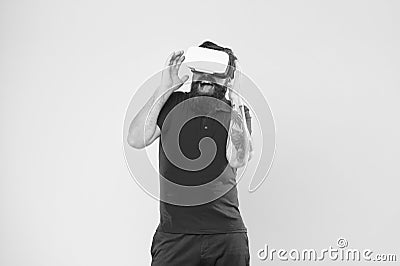 Virtual communication. Virtual simulation. Digital technology. Building your visions. Creating reality. Man play game in Stock Photo