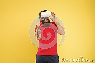 Virtual communication. Virtual simulation. Digital technology. Building your visions. Creating reality. Man play game in Stock Photo