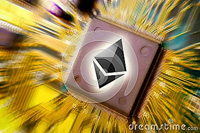 Cryptocurrency and blockchain - financial technology and internet money - circuit board mining and coin Ethereum ETH Editorial Stock Photo