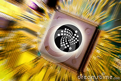 financial technology and internet money - circuit board mining and coin IOTA MIOTA Stock Photo