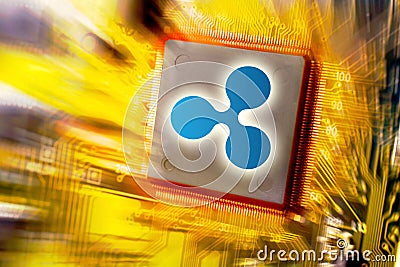 Cryptocurrency and blockchain - financial technology and internet money - circuit board mining and coin Ripple XRP Editorial Stock Photo