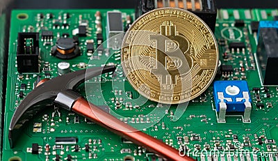 Virtual Cryptocurrency Mining Concept, Blockchain Technology and Bitcoin Stock Photo