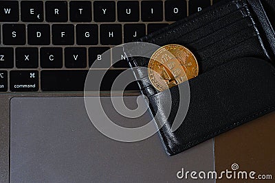 Virtual currency wallet. Bitcoin gold coin. Cryptocurrency concept. Bitcoin cryptocurrency.Worldwide virtual internet money. Editorial Stock Photo