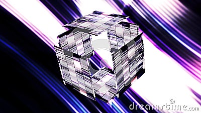 Virtual 3D cube in game space. Motion. Bright glowing cube is decomposed into pieces and assembled in cyberspace. Empty Stock Photo