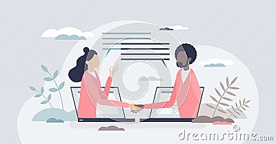 Virtual deal with distant online agreement handshake tiny person concept Vector Illustration