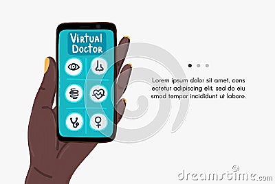 Virtual doctor. Mobile app. Smartphone in hand of African American woman. Medical assistance online. Healthcare Vector Illustration