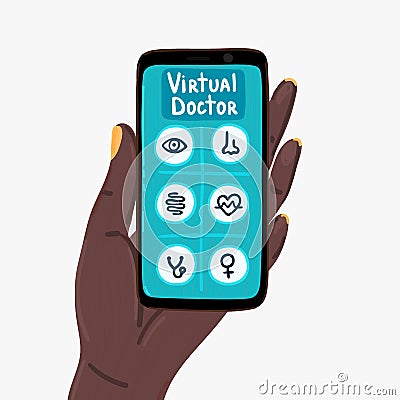 Virtual doctor. Mobile app. Smartphone in hand of African American woman. Medical assistance online. Healthcare Vector Illustration