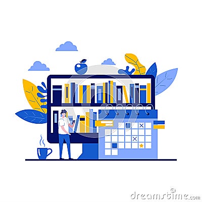 Virtual e-library concept with character. Digital bookshelves, online reading, book store, literature university. Modern flat Vector Illustration
