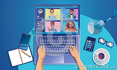 Virtual event People use Video conference landing Working Businessman on window screen taking with colleagues. Videoconferencing Stock Photo