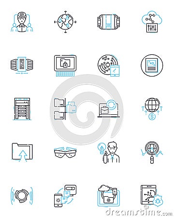 Virtual finance linear icons set. Cryptocurrency, Fintech, Digital, Blockchain, Online, Mobile, Automation line vector Vector Illustration