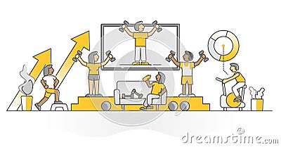 Virtual fitness training with distant gym trainer monocolor outline concept Vector Illustration