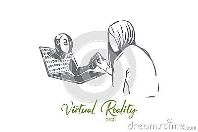 Virtual friend metaphor, AI robot, cyborg, humanoid appearing from laptop display Vector Illustration