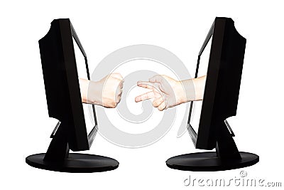 Virtual game by internet hand shape of paper scissors stone on white background - internet business concept. Stock Photo