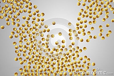 Virtual gold bitcoins symbol crypto digital currency explosion from top like rain on grey screen background, new business Stock Photo