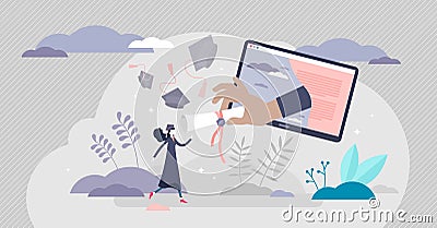 Virtual graduation ceremony concept, tiny person vector illustration Vector Illustration