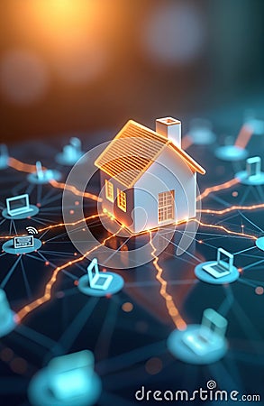 Virtual home icon connected to network. Smart home management system. Modern tech application for home automation. Wireless Stock Photo