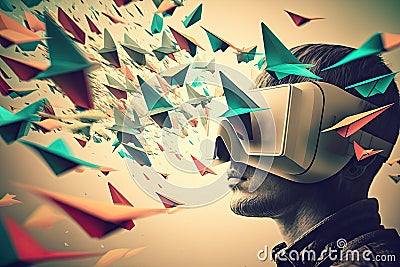 virtual image with flying colored paper airplanes on screen of virtual reality headset double exposure Stock Photo