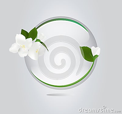 A Virtual image of jasmine crystal clear circle frame as promotion and sale banner, white flowers with green leaves background, re Cartoon Illustration