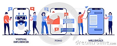 Virtual influencer, FOMO, millennials generation concept with tiny people. Online communication vector illustration set. Digital Vector Illustration