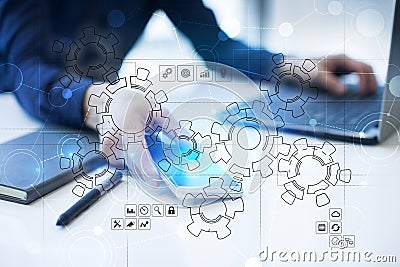 Virtual interface with mechanical gears. Automation and technology for Recruitment and HR concept. Stock Photo