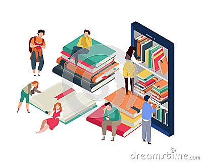 Virtual library. Online Book Club. Tiny people sitting on huge stack on books, men and women reading, electronic Vector Illustration