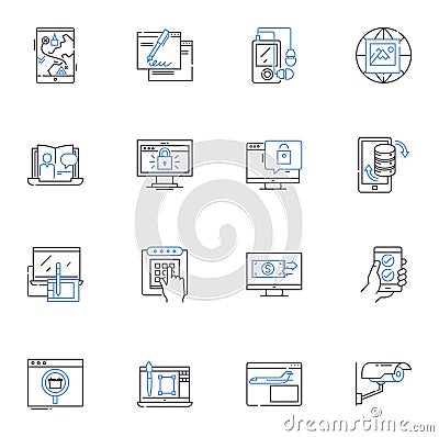 Virtual line icons collection. Digital, Imaginary, Simulated, Cyber, Online, Augmented, Unreal vector and linear Vector Illustration