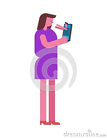 Virtual lover. Guy and woman in smartphone. A woman in a gadget hugs a man. concept of virtual love Vector Illustration