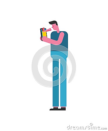 Virtual lover. Guy and woman in smartphone. A woman in a gadget hugs a man. concept of virtual love Vector Illustration