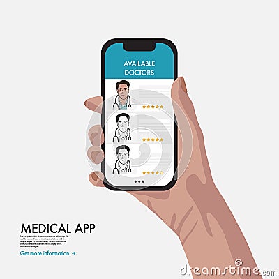 Virtual medical help, Online healthcare app with doctors review, set up an appointment system, rating . Mobile first aid service. Vector Illustration