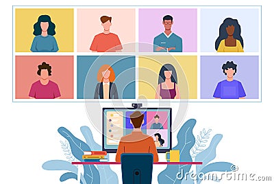 Virtual meeting. Collective home video conference, man chatting online with people. Discussion with friends, internet Vector Illustration