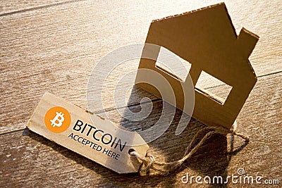 Virtual money Bitcoin cryptocurrency - Bitcoins accepted here Stock Photo