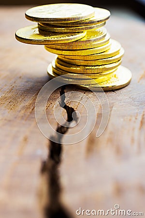 Virtual money Bitcoin cryptocurrency - halvings the Bitcoin currency - gold coin on the wooden background with a symbolical halvin Stock Photo