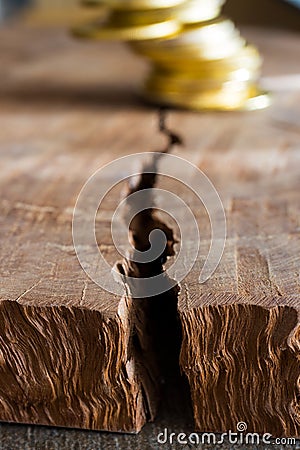 Virtual money Bitcoin cryptocurrency - halvings the Bitcoin currency - gold coin on the wooden background with a symbolical halvin Stock Photo