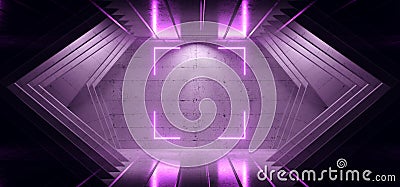 Virtual Neon Laser Sci Fi Futuristic Electric Showroom Angular TUnnel Corridor Purple Glowing Rectangle Shape Concrete Cement Stock Photo