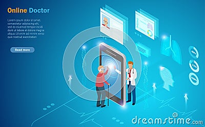 Virtual online doctor. Senior man touch smartphone screen online connect to Doctor with patient medical record data. Futuristic Vector Illustration