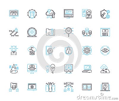 Virtual platform linear icons set. Virtuality, Cyberworld, Digitalization, Simulacrum, Cyberspace, Synthetic, Emulation Vector Illustration