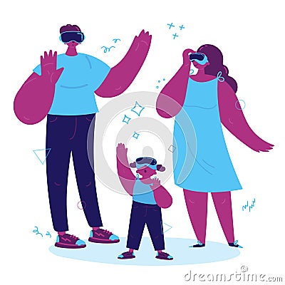 Enthusiastic family using a virtual reality Cartoon Illustration