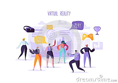 Virtual Reality Concept. Flat People Characters having VR World Experience. Entertainment Technology. Augmented Reality Vector Illustration