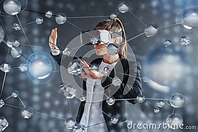 Virtual reality, 3D-technologies, cyberspace, science and people concept - happy woman in 3d glasses touching projection Stock Photo