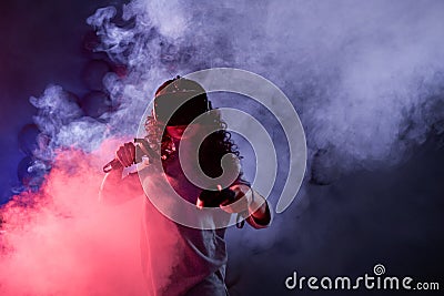 Virtual reality game. A girl in a VR helmet plays a game or explores the environment. Stock Photo