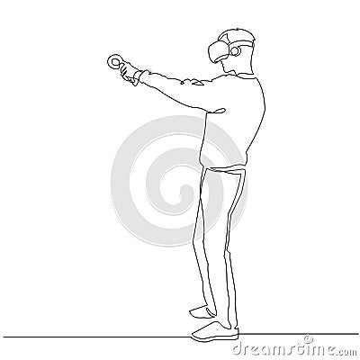 Virtual reality gaming continuous one line vector drawing. Man in VR glasses, holding motion controller. Vector Illustration