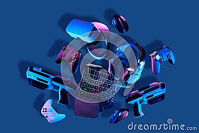 Virtual reality gogles, gamepads and blaster game controllers, games keyboard, mouse and headset. Stock Photo