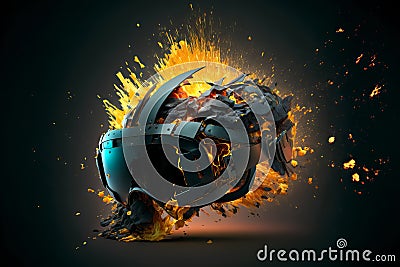 Virtual reality headset burning and exploding. Abstract Video games and Metaverse concept. Generative Ai Stock Photo