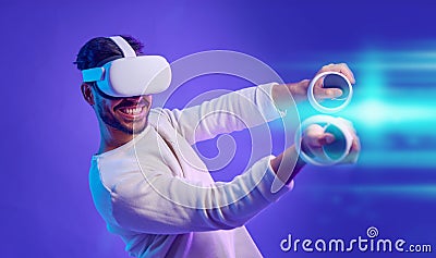 Virtual reality headset, metaverse and man fight for futuristic gaming, cyber and 3d world. Gamer person with hand for Stock Photo