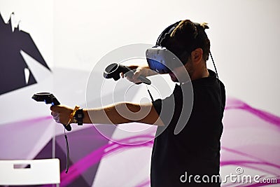 Virtual reality HTC Vive headset and hand controls Editorial Stock Photo