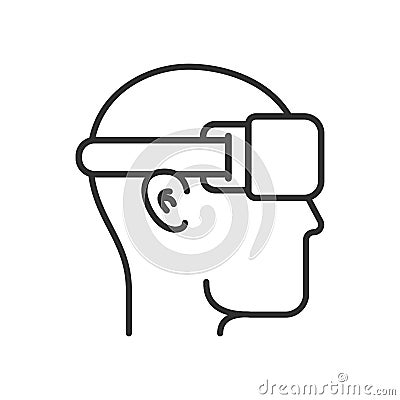 Virtual reality illustration. Head silhouette with VR headset in modern outline vector flat style. Line icon Vector Illustration