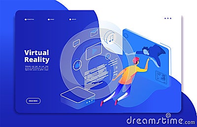 Virtual reality landing. People digital mobile entertainment augmented reality man headset 3d virtual web interactive Vector Illustration